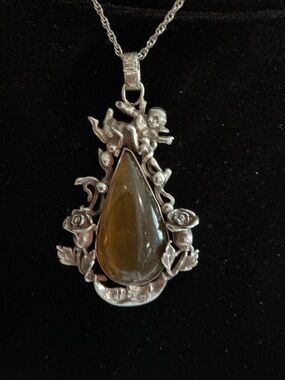 Custom made Sterling Silver Floral & Cherub Teardrop Amber Pendant Necklace